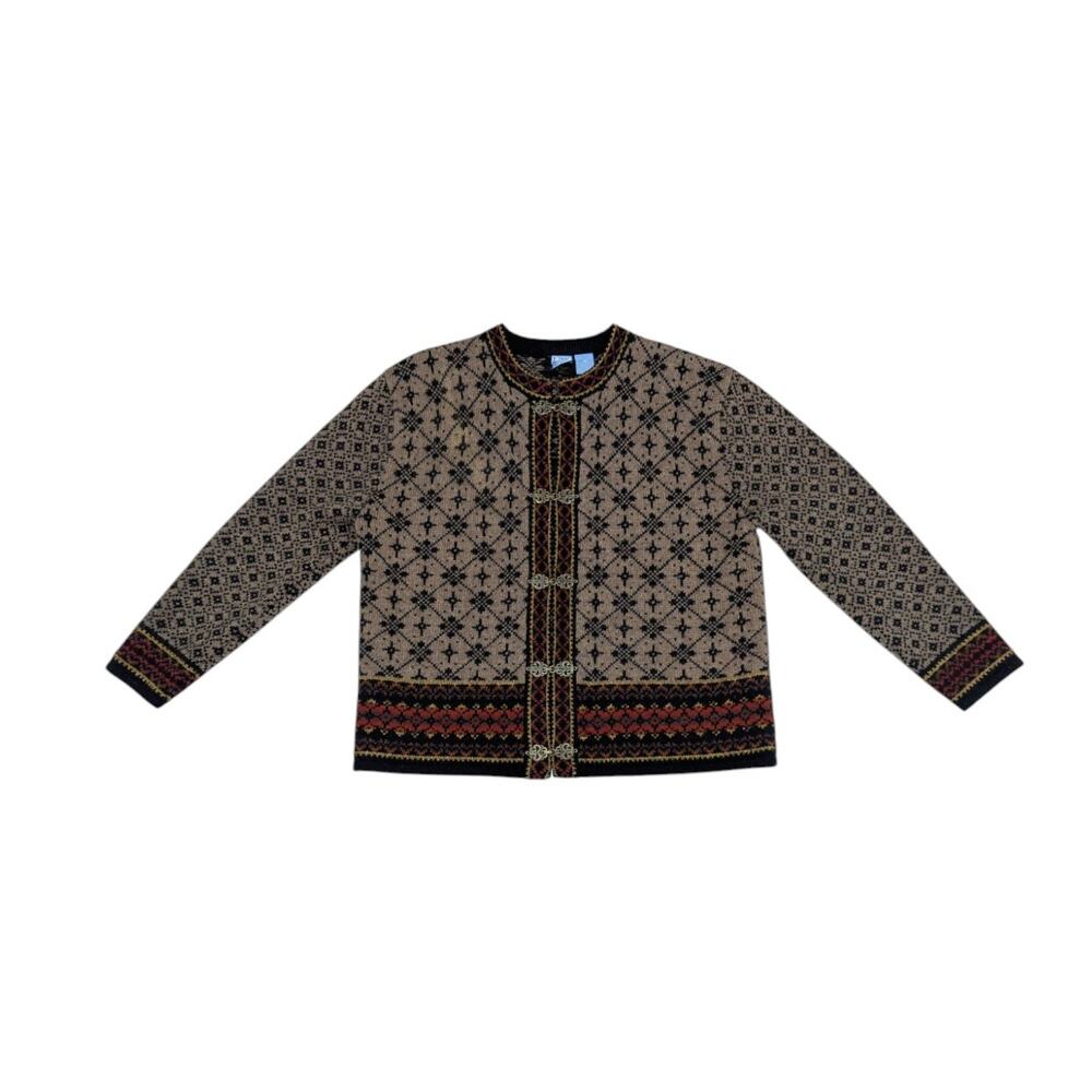 Vintage Wool Fair Isle Nordic Sweater Jacket Long Sleeve Front Clasp FROST